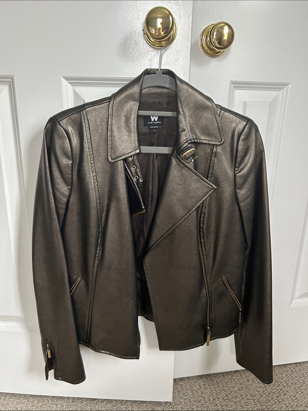 W by Worth Bronze Metallic Faux Leather Moto Jacket